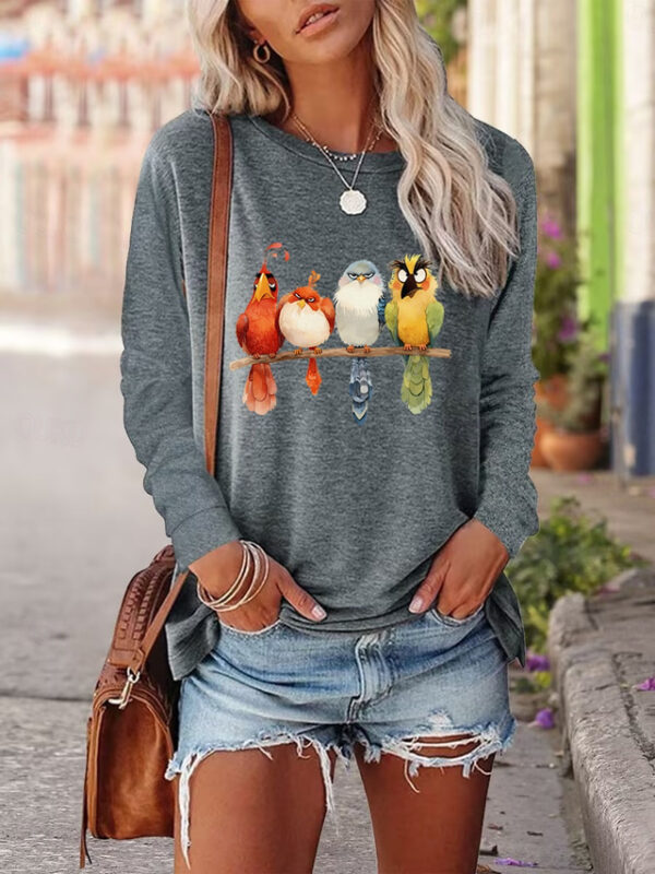 Women's T Shirt Casual Animal Bird Regular Tops Long Sleeve Round Neck Print Regular Fit Daily Weekend Pink Blue Green Gray Fall Winter 2024 - US $23.