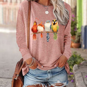 Women's T Shirt Casual Animal Bird Regular Tops Long Sleeve Round Neck Print Regular Fit Daily Weekend Pink Blue Green Gray Fall Winter 2024 - US $23.