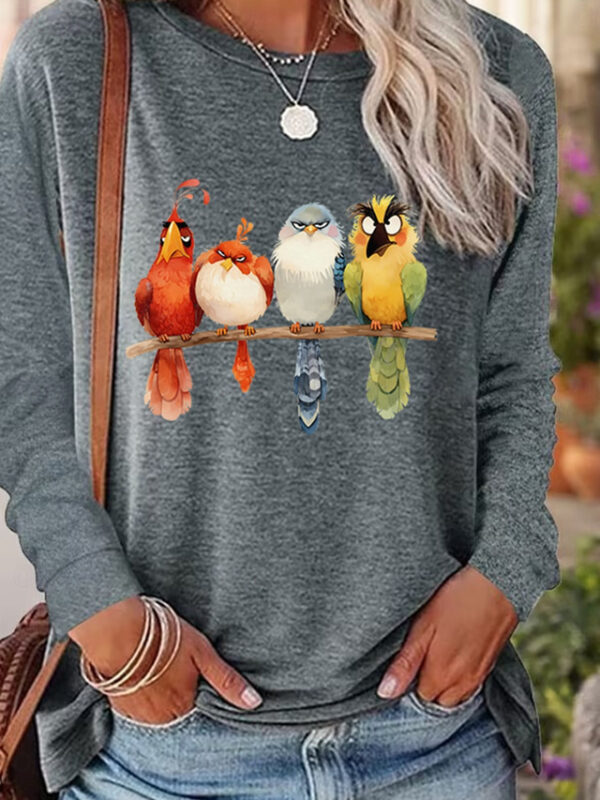 Women's T Shirt Casual Animal Bird Regular Tops Long Sleeve Round Neck Print Regular Fit Daily Weekend Pink Blue Green Gray Fall Winter 2024 - US $23.