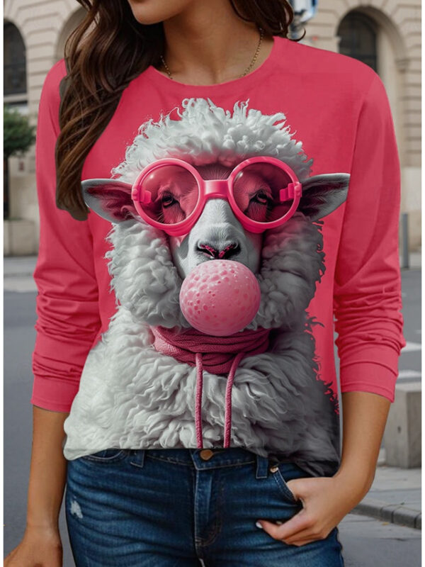 Women's T Shirt Casual Animal Regular Tops Long Sleeve Crew Neck Print Regular Fit Daily Pink Spring Fall 2024 - US $22.99