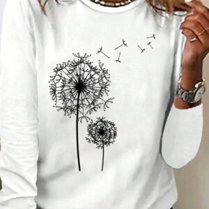 Women's T Shirt Casual Dandelion Regular Tops Long Sleeve Crew Neck Print Regular Fit Daily White Spring Fall 2024 - US $21.99