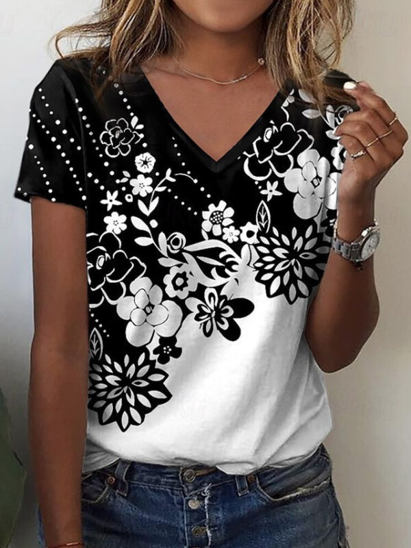 Women's T Shirt Fashion Floral Regular Tops Short Sleeve V Neck Print Regular Fit Vacation Weekend White Pink Blue Purple Green Summer 2024 - US $21.9