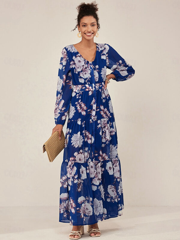 Women's Tiered Dress Floral Button Elastic Waist V Neck Puff Sleeve Maxi Dress Elegant Casual Daily Long Sleeve Summer 2025 - US $42.99