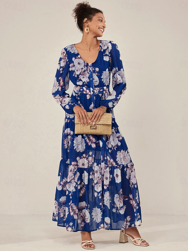 Women's Tiered Dress Floral Button Elastic Waist V Neck Puff Sleeve Maxi Dress Elegant Casual Daily Long Sleeve Summer 2025 - US $42.99