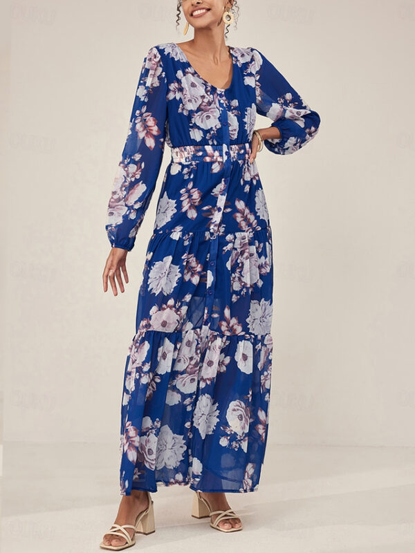 Women's Tiered Dress Floral Button Elastic Waist V Neck Puff Sleeve Maxi Dress Elegant Casual Daily Long Sleeve Summer 2025 - US $42.99