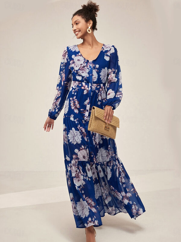 Women's Tiered Dress Floral Button Elastic Waist V Neck Puff Sleeve Maxi Dress Elegant Casual Daily Long Sleeve Summer 2025 - US $42.99