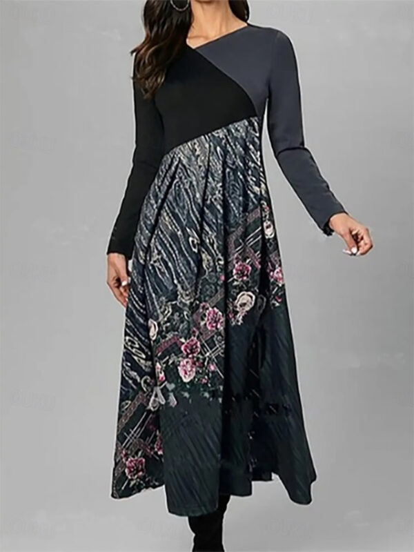 Women's Winter Dress Floral Leaf Ruched Patchwork Crew Neck Long Dress Maxi Dress Daily Vacation Long Sleeve Fall Winter 2025 - US $31.99