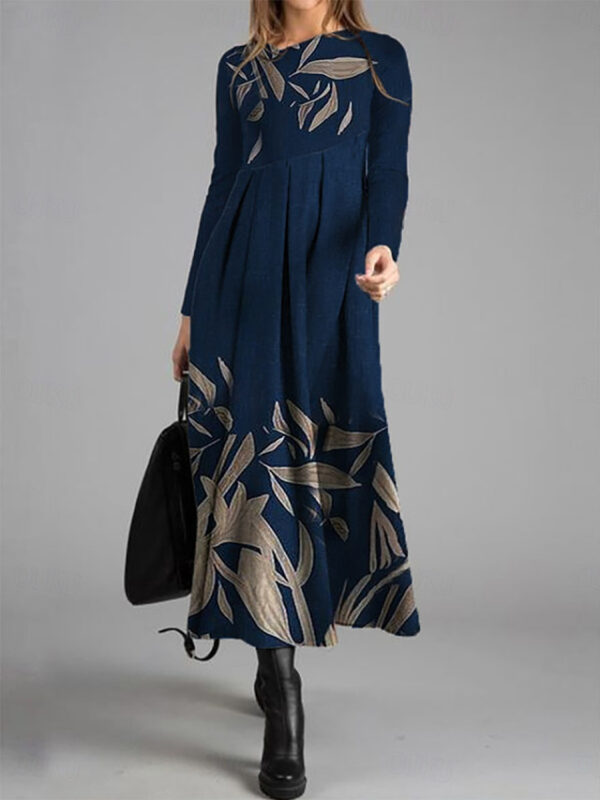 Women's Winter Dress Floral Leaf Ruched Patchwork Crew Neck Long Dress Maxi Dress Daily Vacation Long Sleeve Fall Winter 2025 - US $31.99