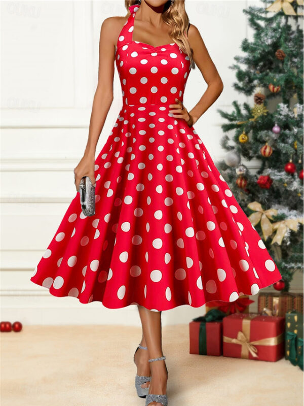 Women's Winter Dress Polka Dot Backless Print Halter Neck Midi Dress Party Date Sleeveless Fall Winter 2025 - US $33.99