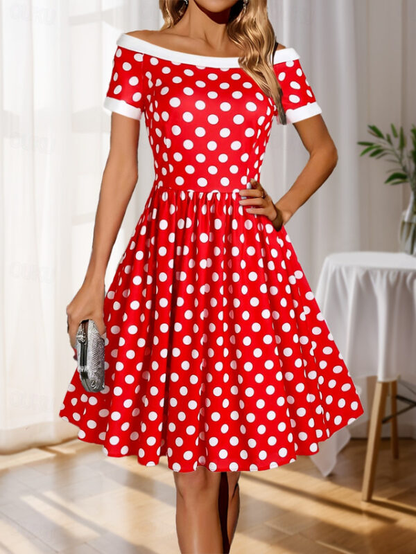 Women's Winter Dress Polka Dot Print Off Shoulder Midi Dress Party Date Short Sleeve Fall Winter 2025 - US $37.99